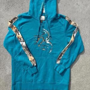 Teal camo hoodie with unique distressed look